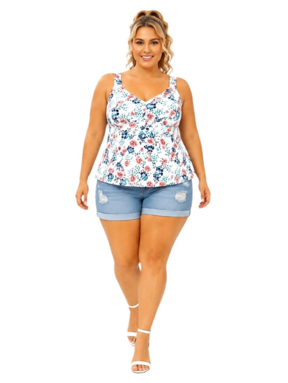 Torrid 2X White Pink Blue Floral Babydoll Tank Peplum Empire Waist